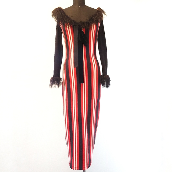 RARE Vintage Jean Paul Gaultier Red Stripe Mangolian Fur Bow Midi Dress - Picture 1 of 13